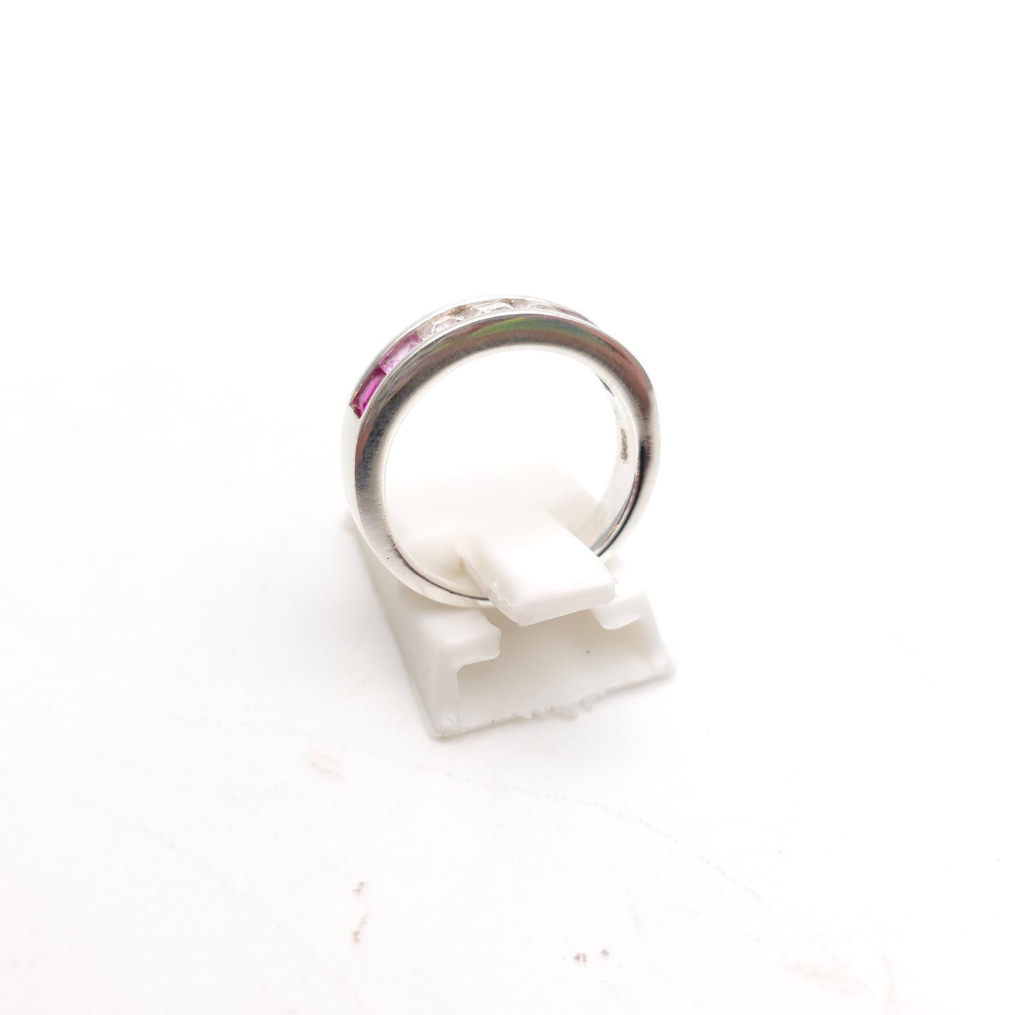 Sterling Silver Princess Cut Pink And White Stone Graduated Channel Set Ring