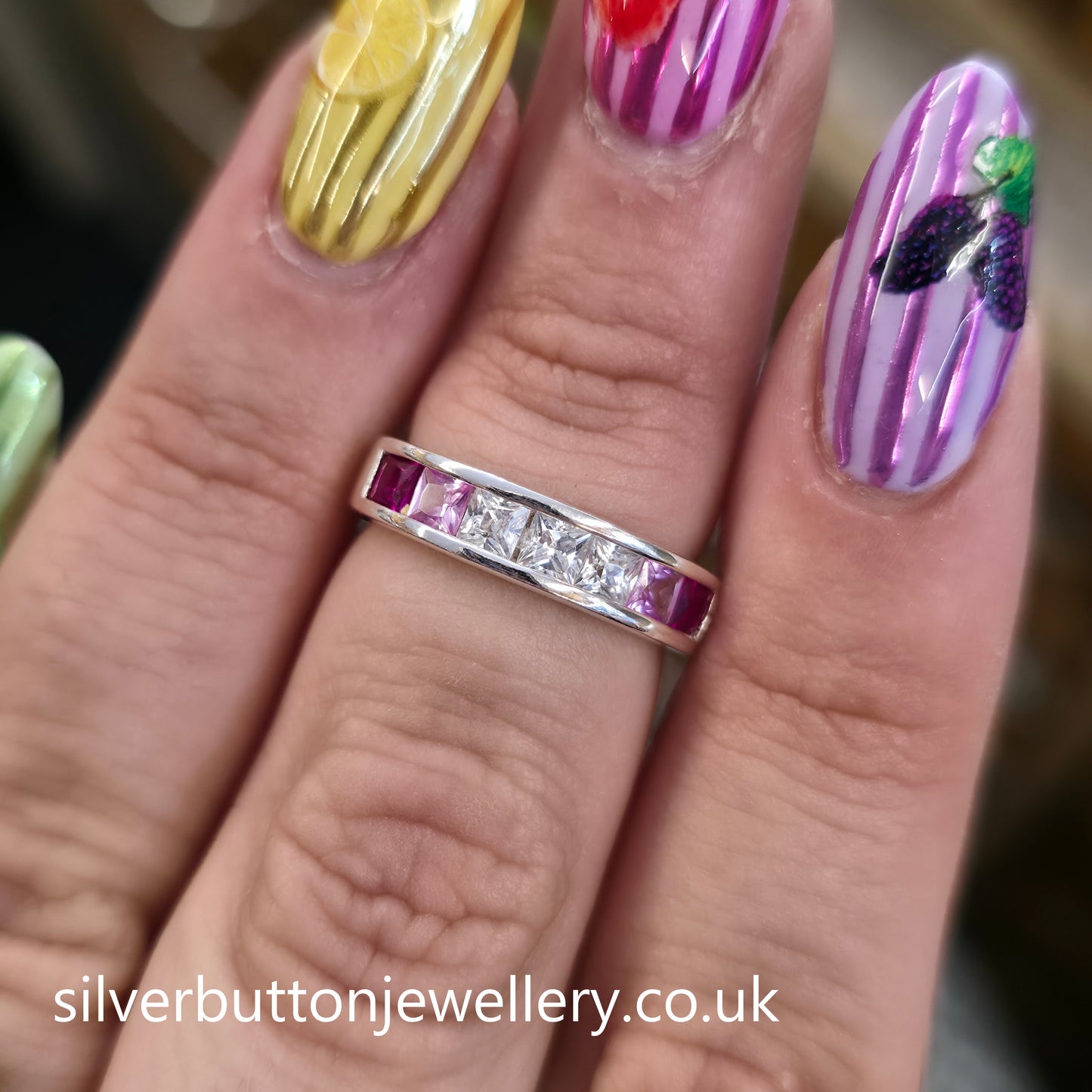 Sterling Silver Princess Cut Pink And White Stone Graduated Channel Set Ring