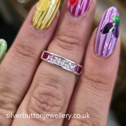 Sterling Silver Princess Cut Pink And White Stone Graduated Channel Set Ring