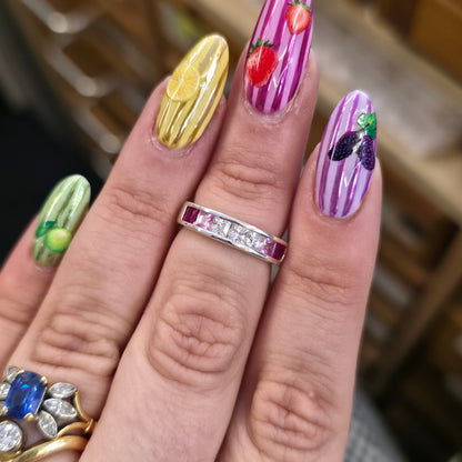 Sterling Silver Princess Cut Pink And White Stone Graduated Channel Set Ring
