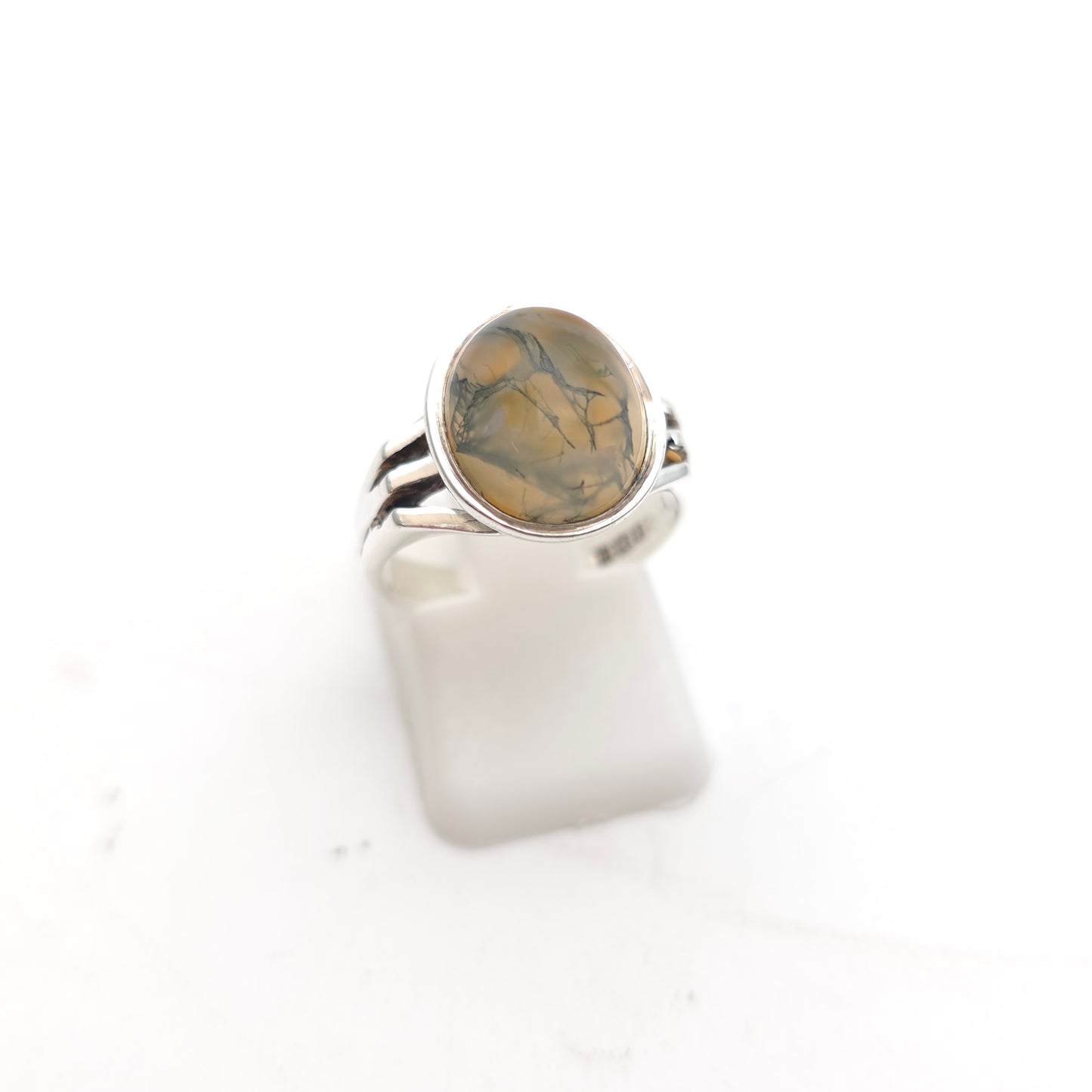 Sterling Silver Vintage Oval Cabochon Moss Agate Solitaire Ring