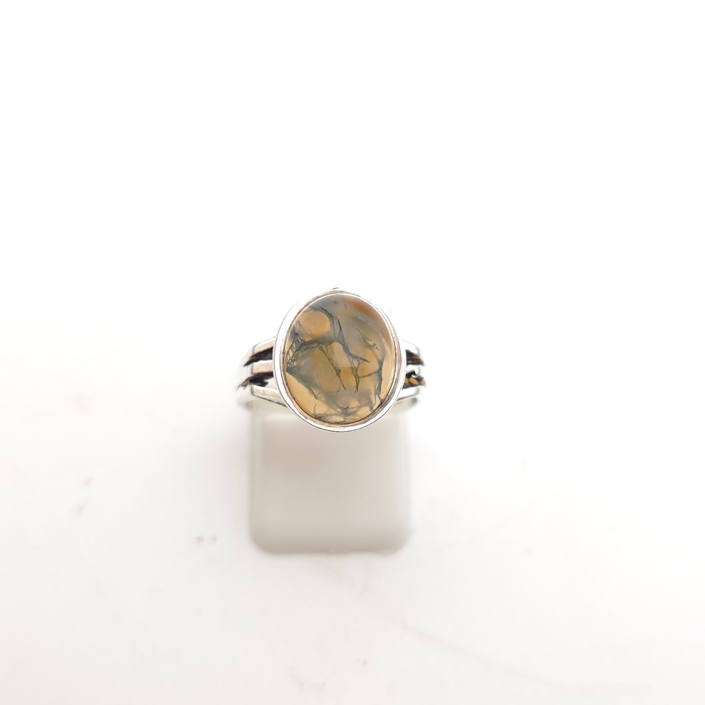 Sterling Silver Vintage Oval Cabochon Moss Agate Solitaire Ring