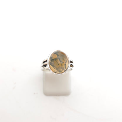 Sterling Silver Vintage Oval Cabochon Moss Agate Solitaire Ring