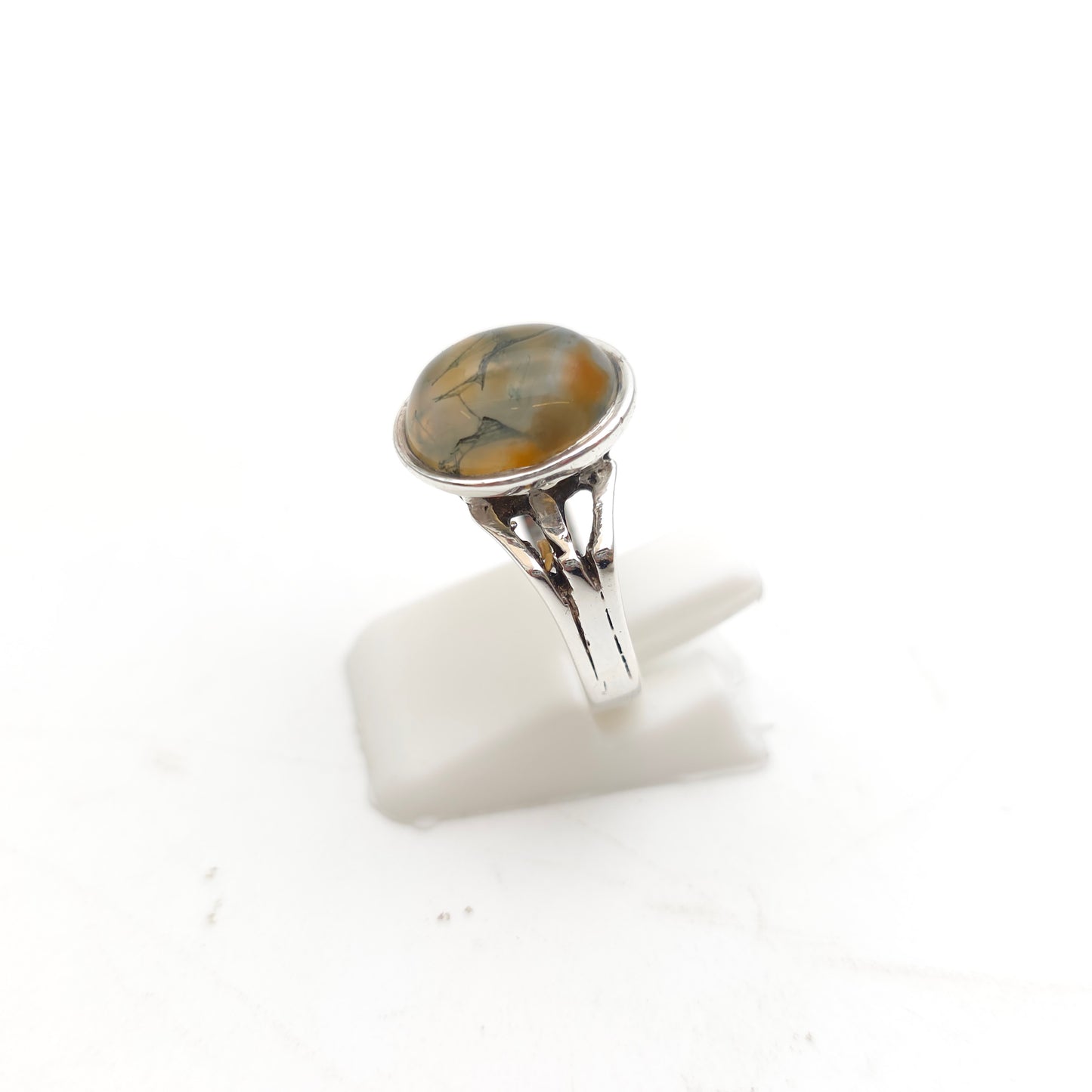 Sterling Silver Vintage Oval Cabochon Moss Agate Solitaire Ring