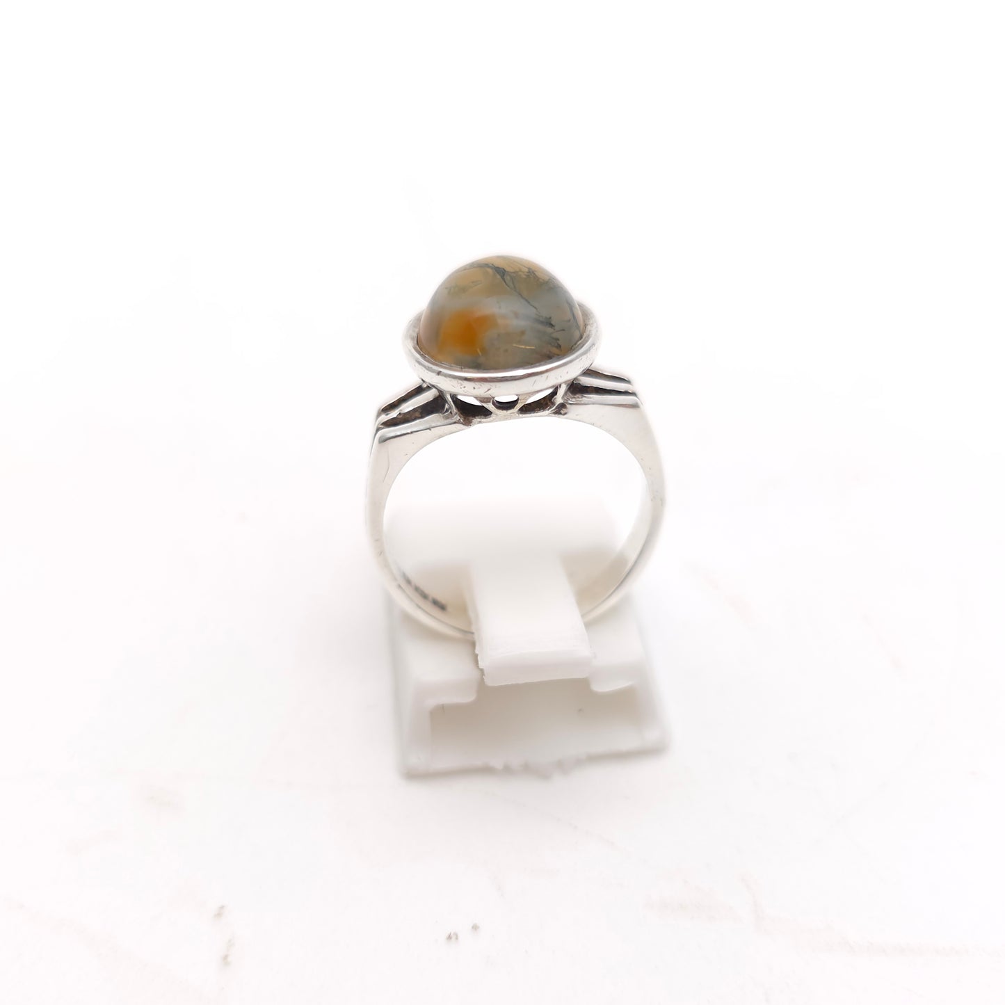 Sterling Silver Vintage Oval Cabochon Moss Agate Solitaire Ring