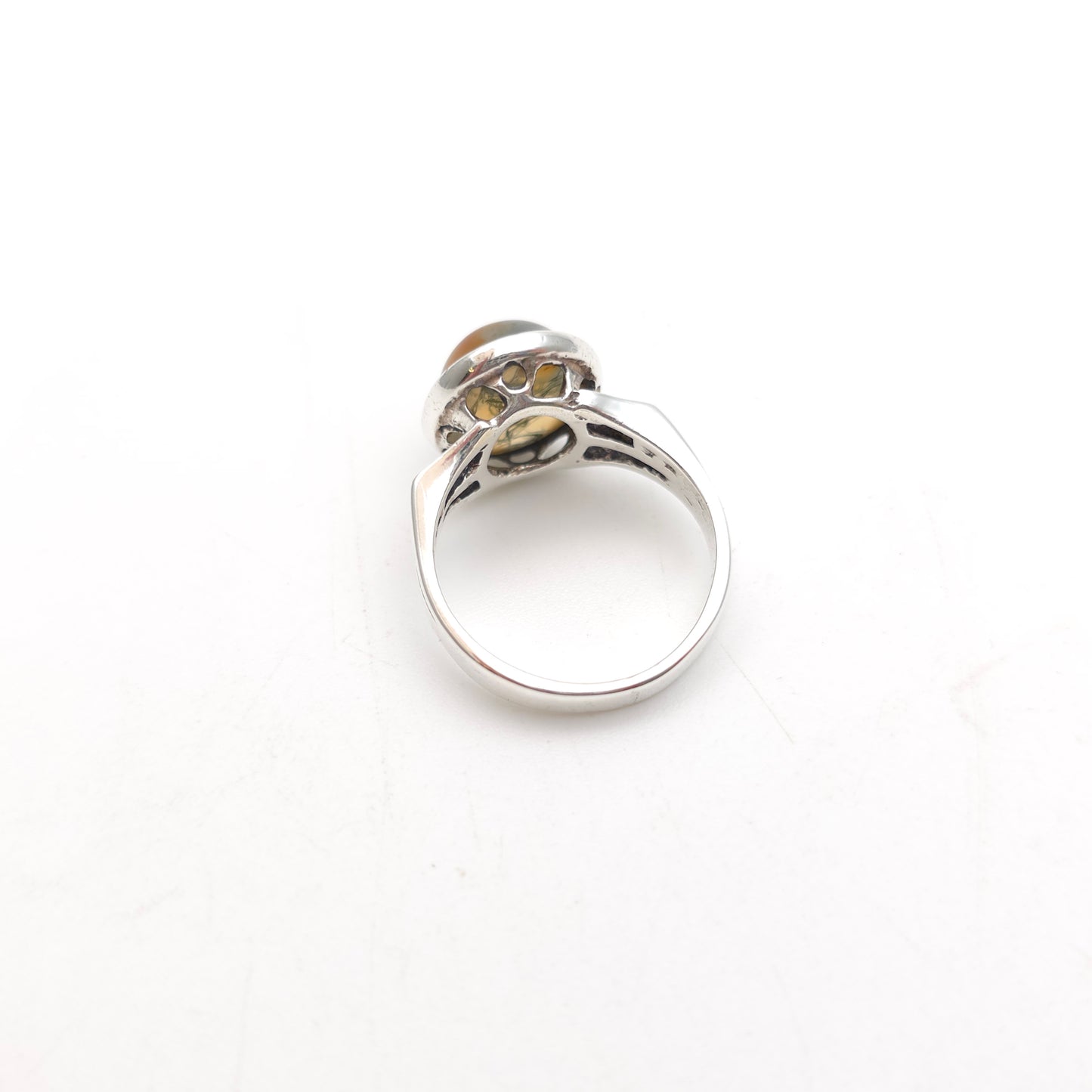 Sterling Silver Vintage Oval Cabochon Moss Agate Solitaire Ring