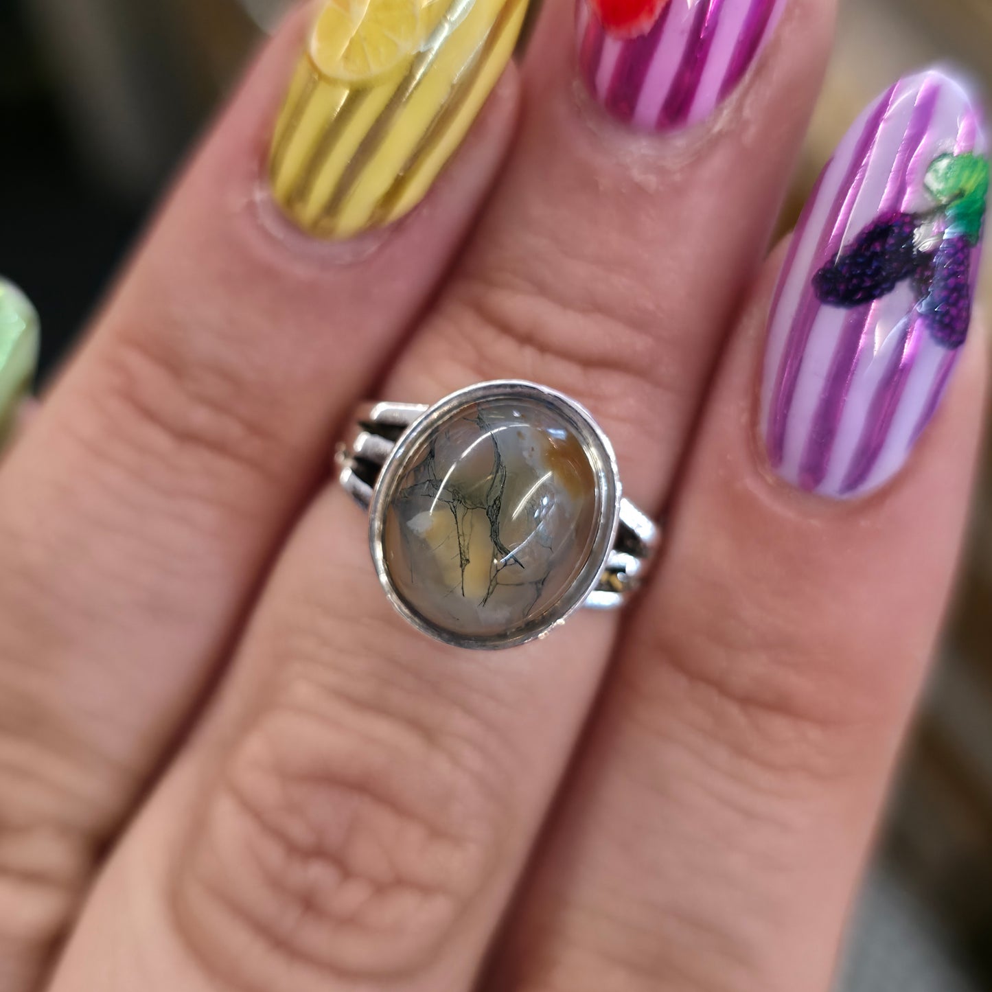 Sterling Silver Vintage Oval Cabochon Moss Agate Solitaire Ring