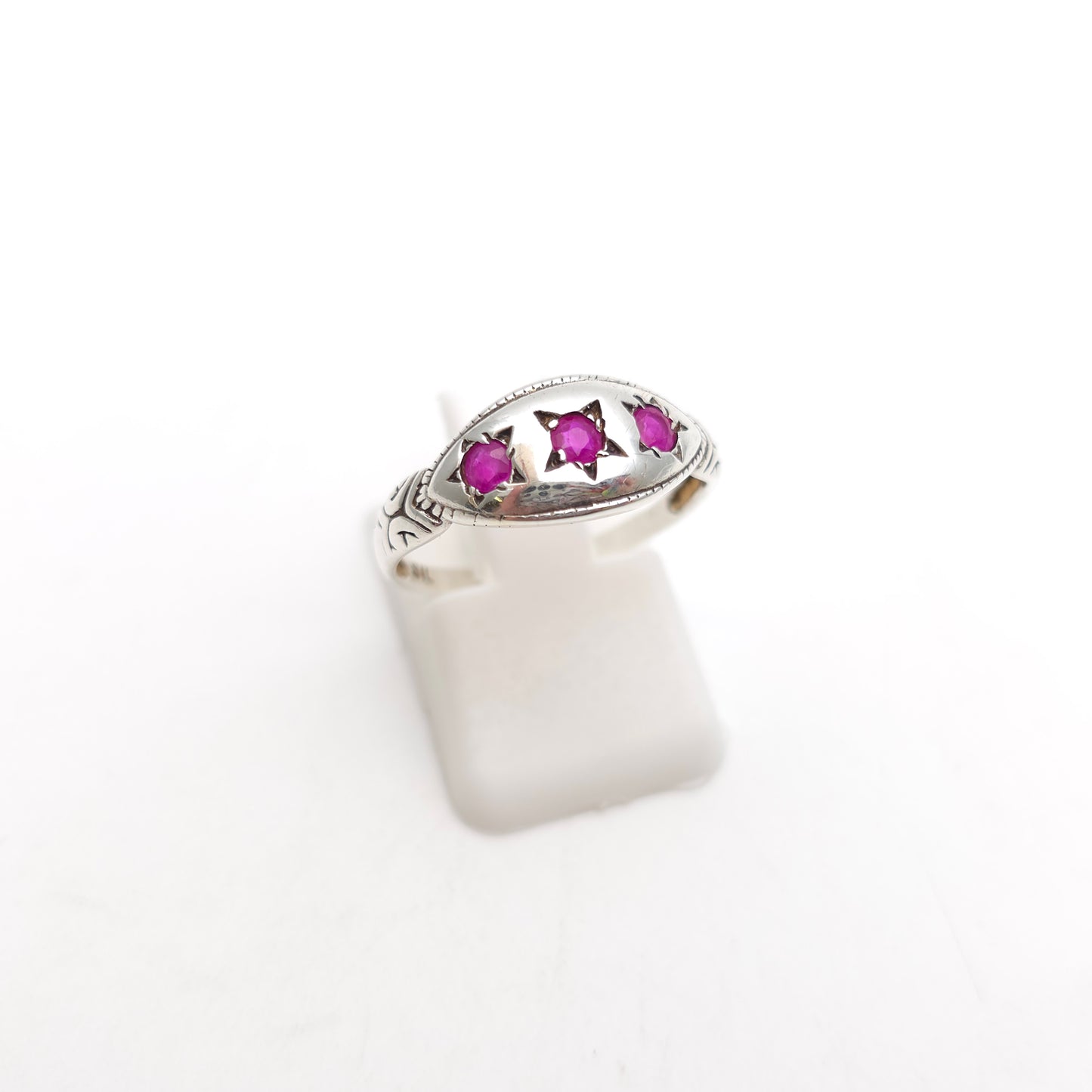 Sterling Silver Vintage Ethnic Style Three Stone Ruby Boat Ring