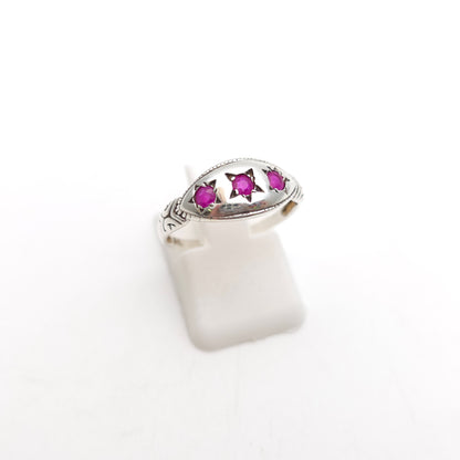 Sterling Silver Vintage Ethnic Style Three Stone Ruby Boat Ring