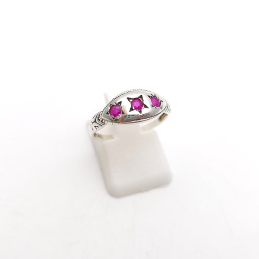 Sterling Silver Vintage Ethnic Style Three Stone Ruby Boat Ring