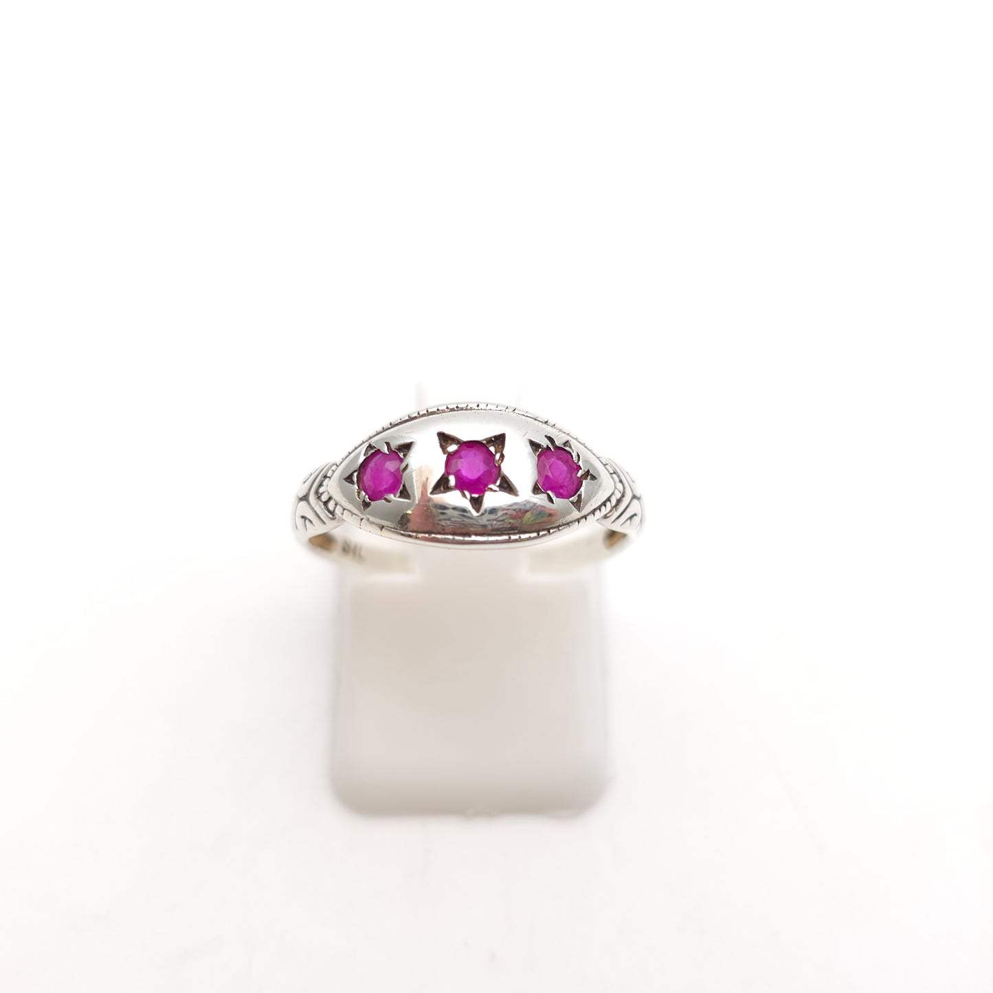 Sterling Silver Vintage Ethnic Style Three Stone Ruby Boat Ring