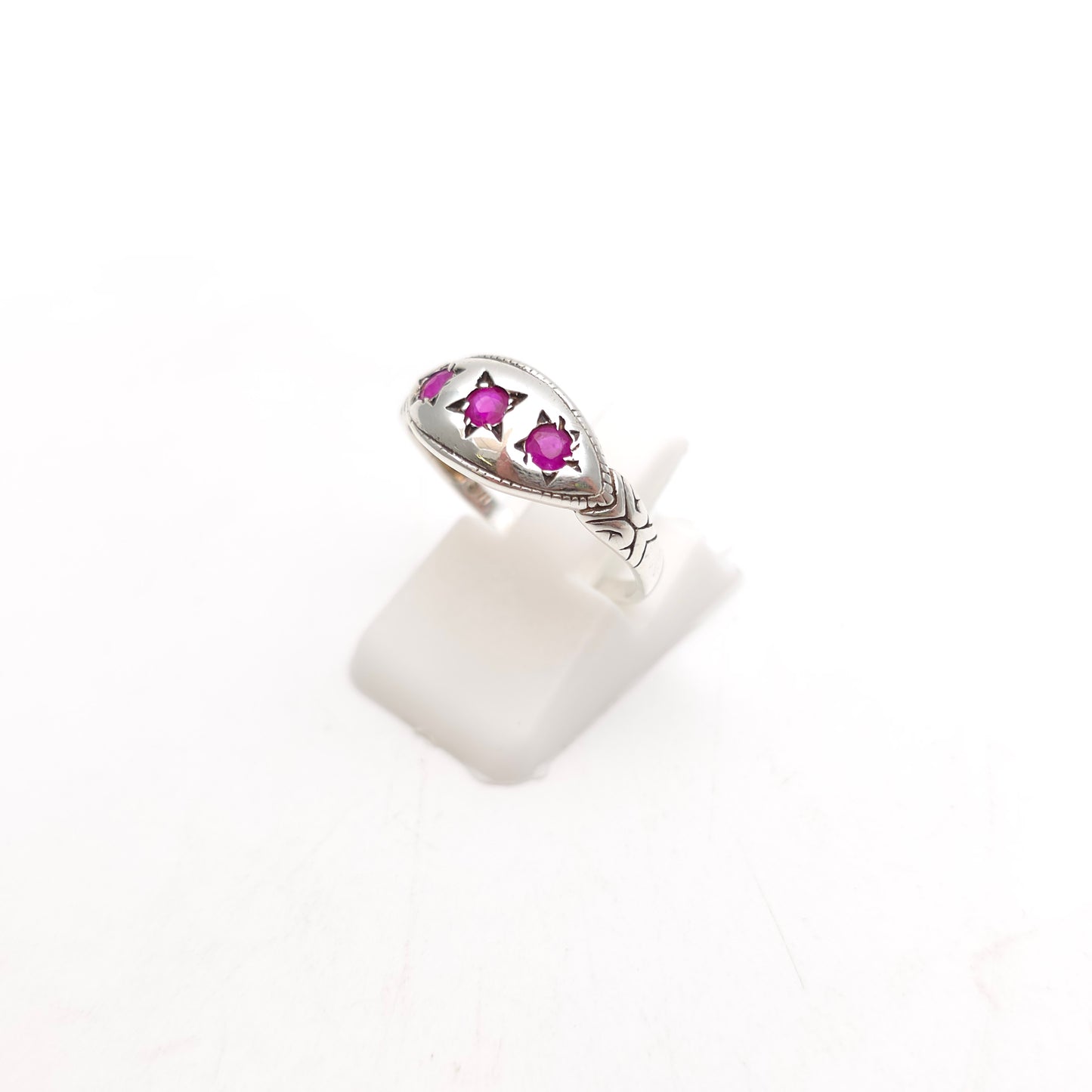 Sterling Silver Vintage Ethnic Style Three Stone Ruby Boat Ring