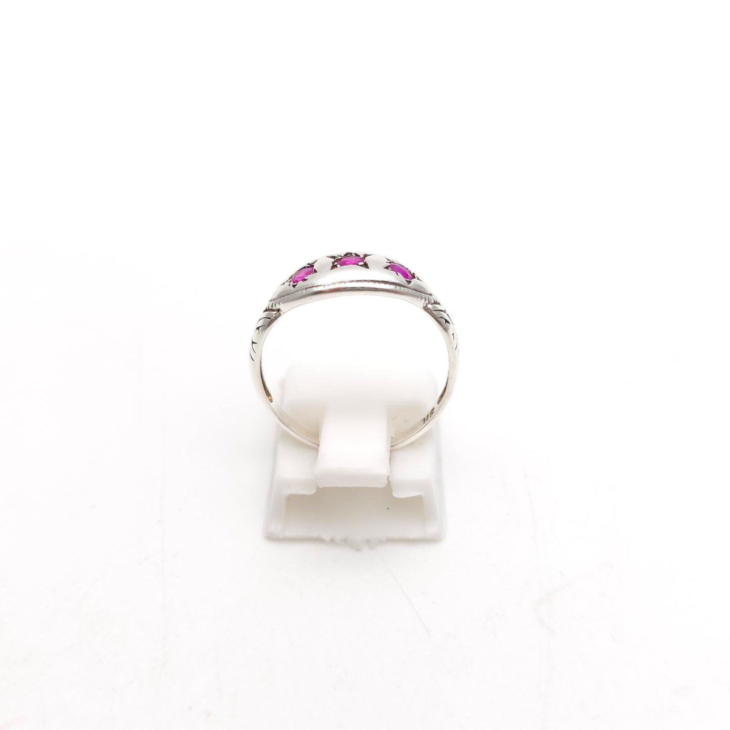 Sterling Silver Vintage Ethnic Style Three Stone Ruby Boat Ring