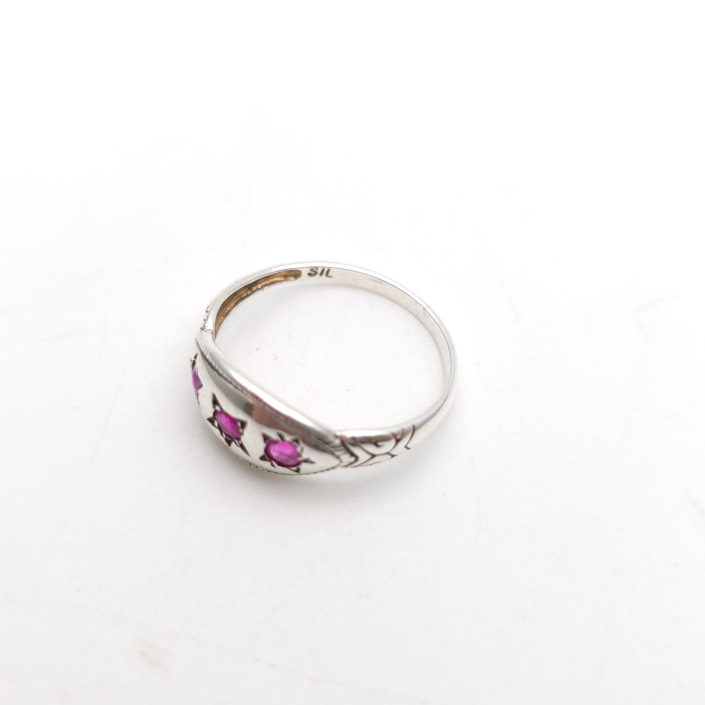Sterling Silver Vintage Ethnic Style Three Stone Ruby Boat Ring