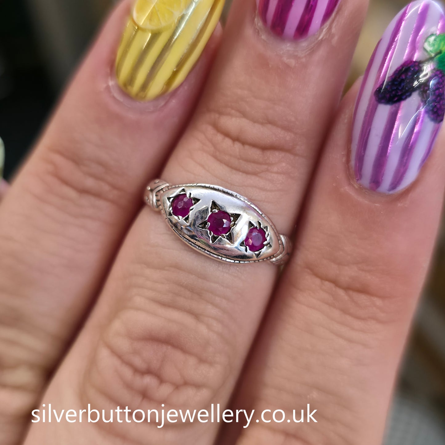 Sterling Silver Vintage Ethnic Style Three Stone Ruby Boat Ring