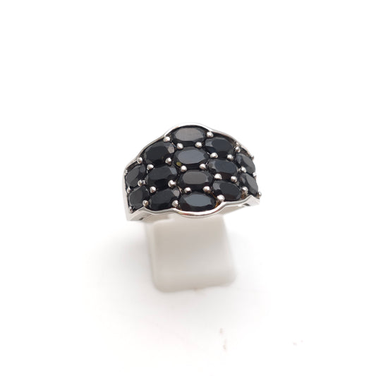Sterling Silver Extra Large Black Oval Cut Stone Block Cluster Ring