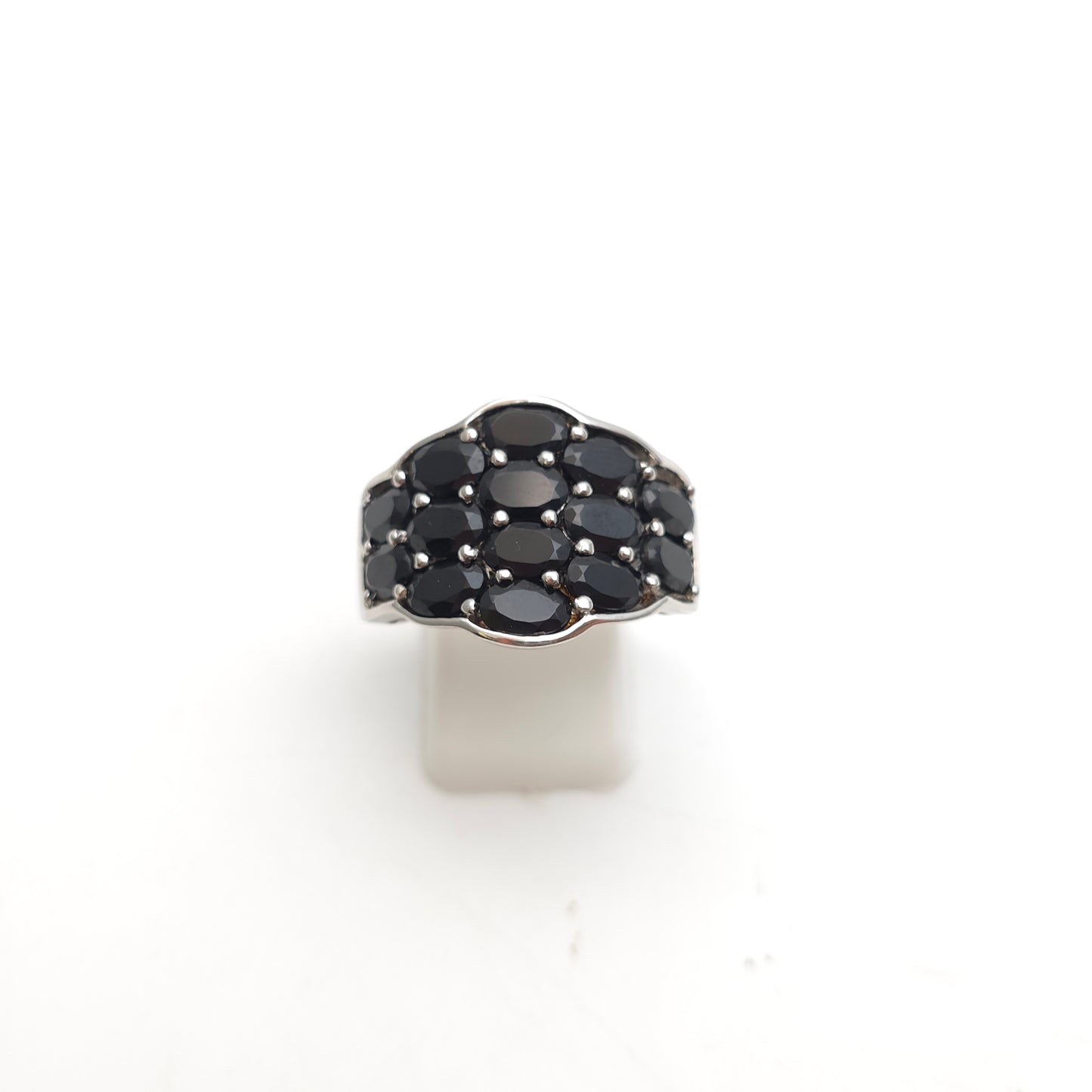 Sterling Silver Extra Large Black Oval Cut Stone Block Cluster Ring