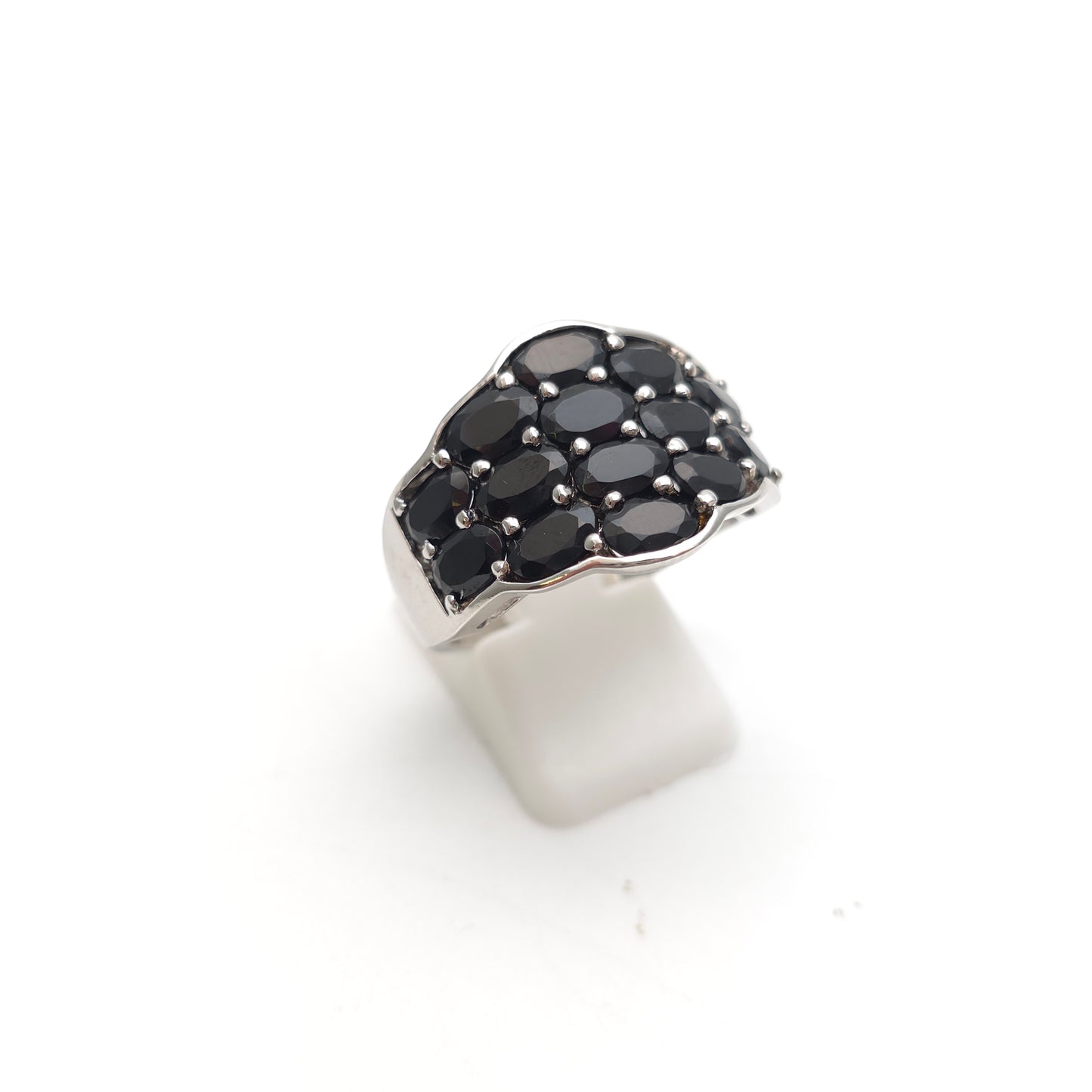 Sterling Silver Extra Large Black Oval Cut Stone Block Cluster Ring