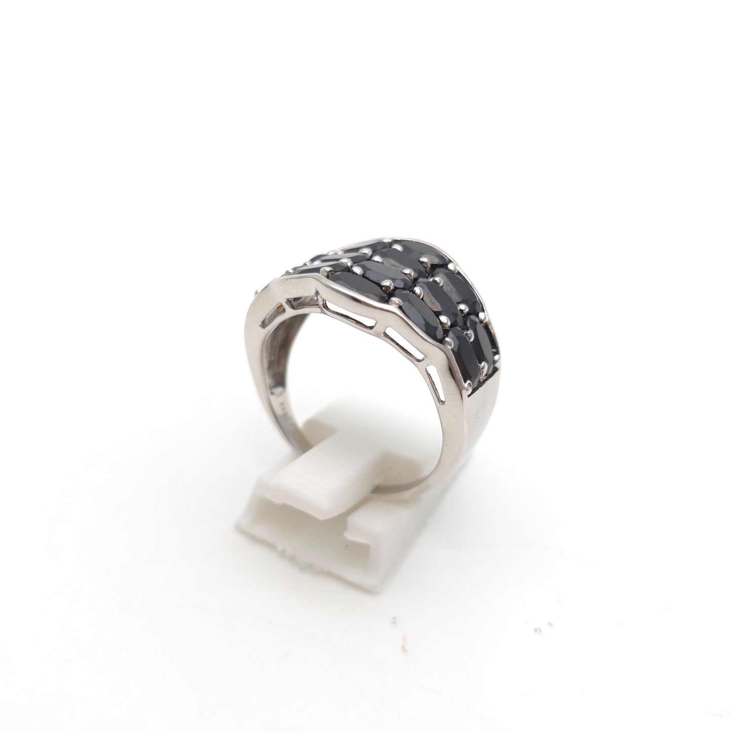 Sterling Silver Extra Large Black Oval Cut Stone Block Cluster Ring