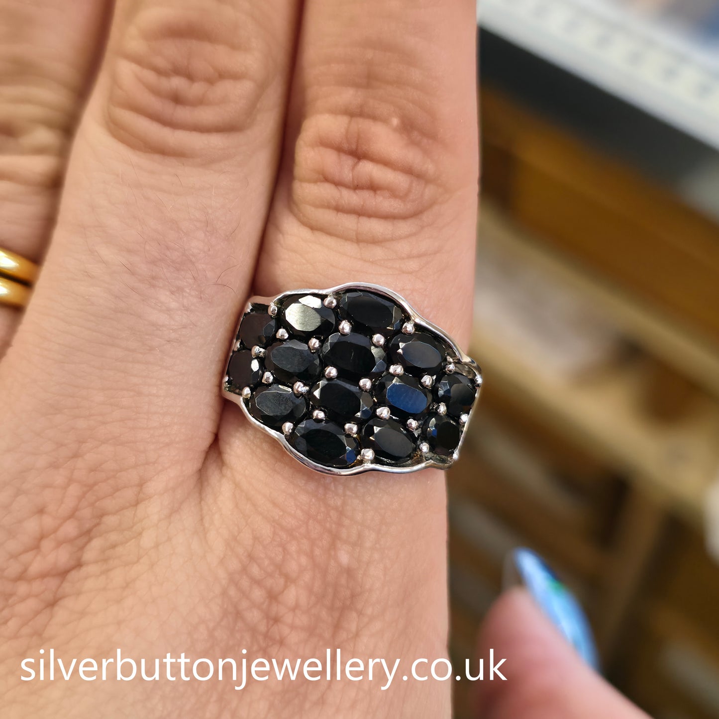 Sterling Silver Extra Large Black Oval Cut Stone Block Cluster Ring