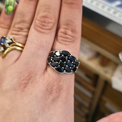 Sterling Silver Extra Large Black Oval Cut Stone Block Cluster Ring