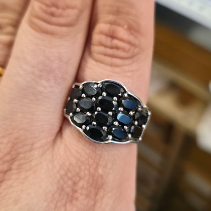 Sterling Silver Extra Large Black Oval Cut Stone Block Cluster Ring