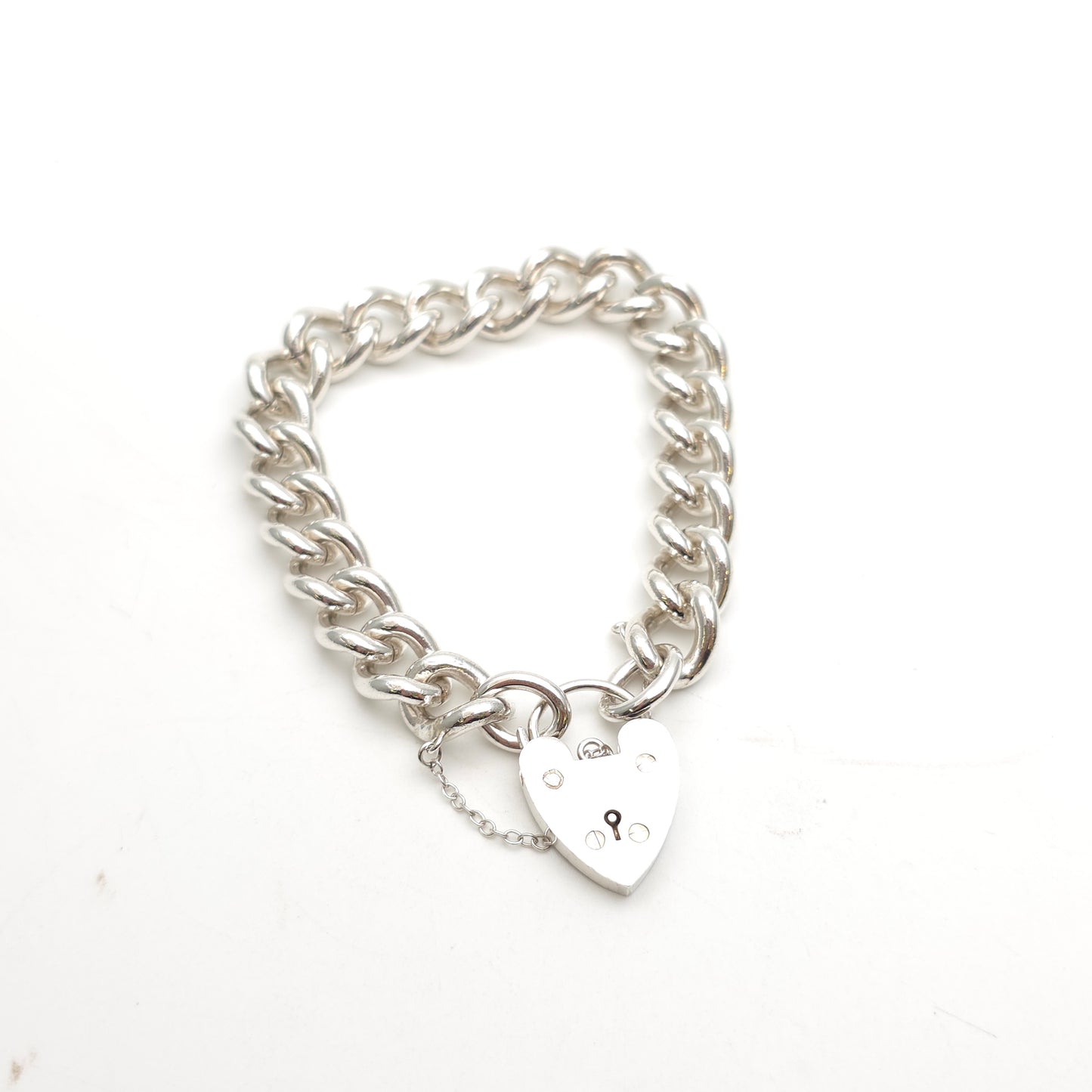 Sterling Silver XL Chunky Traditional Curb Bracelet With Heart Padlock Clasp