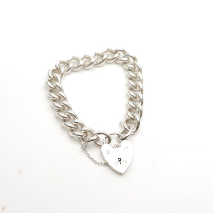 Sterling Silver XL Chunky Traditional Curb Bracelet With Heart Padlock Clasp