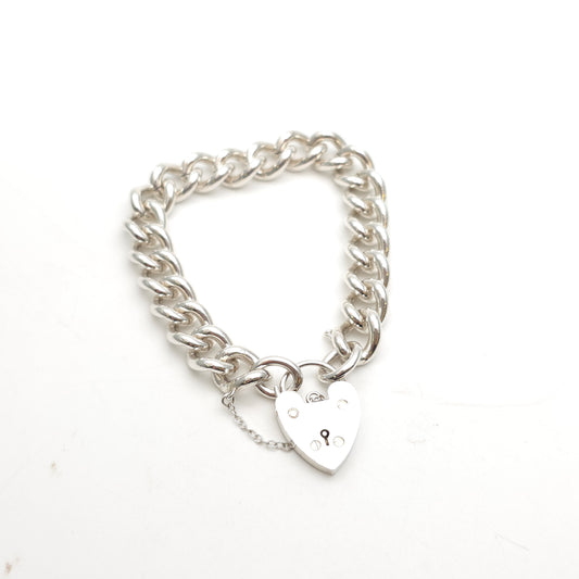 Sterling Silver XL Chunky Traditional Curb Bracelet With Heart Padlock Clasp