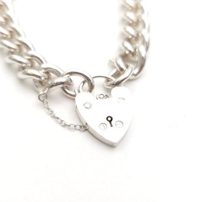 Sterling Silver XL Chunky Traditional Curb Bracelet With Heart Padlock Clasp