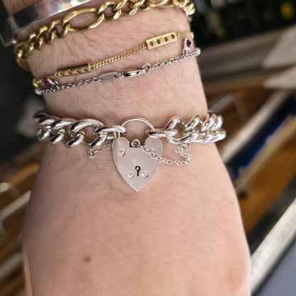 Sterling Silver XL Chunky Traditional Curb Bracelet With Heart Padlock Clasp