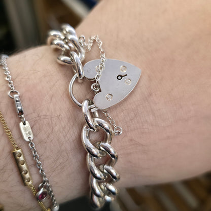 Sterling Silver XL Chunky Traditional Curb Bracelet With Heart Padlock Clasp