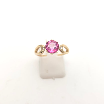 9ct Yellow Gold Round Cut Pink Topaz And White Stone Openwork Shoulders Ring
