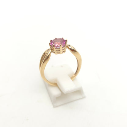 9ct Yellow Gold Round Cut Pink Topaz And White Stone Openwork Shoulders Ring