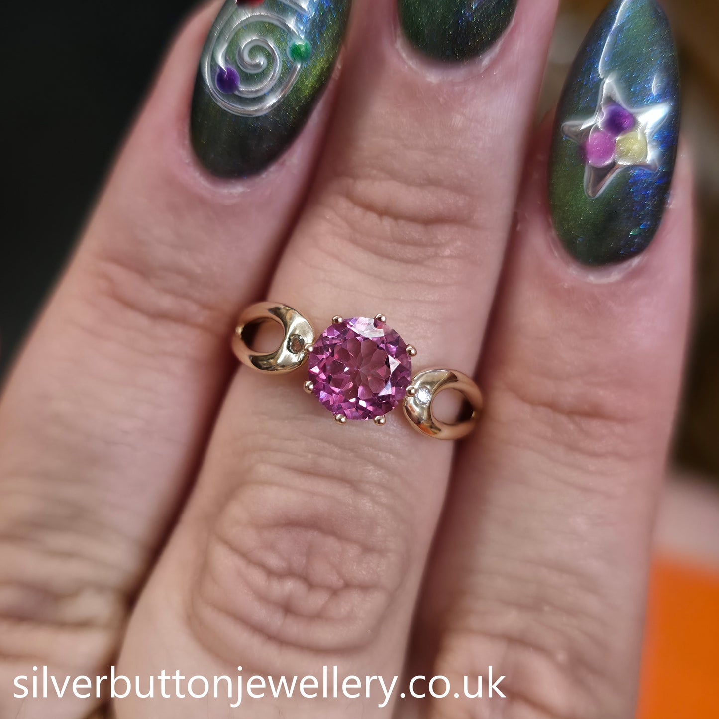 9ct Yellow Gold Round Cut Pink Topaz And White Stone Openwork Shoulders Ring