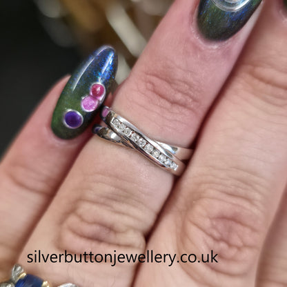 9ct White Gold Channel Set Diamond Crossover Half Eternity Style Ring