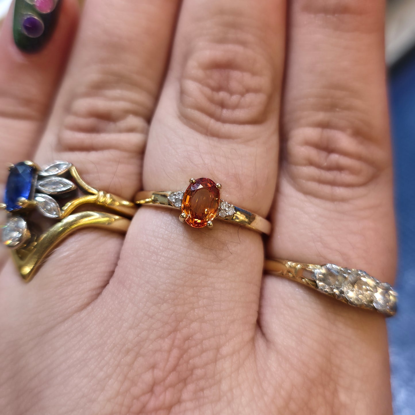 9ct Yellow Gold Oval Cut Orange Sapphire And Diamond Set Shoulder Ring