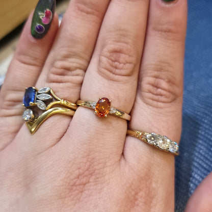 9ct Yellow Gold Oval Cut Orange Sapphire And Diamond Set Shoulder Ring