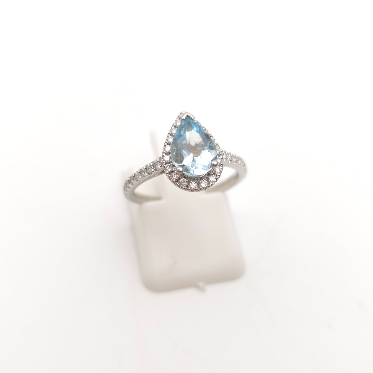 Platinum Pear Cut Aquamarine & Diamond Halo Cluster With Diamond Shoulders Ring