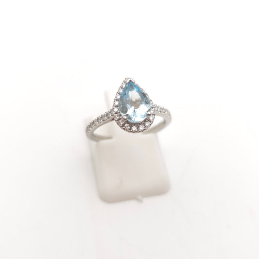 Platinum Pear Cut Aquamarine & Diamond Halo Cluster With Diamond Shoulders Ring