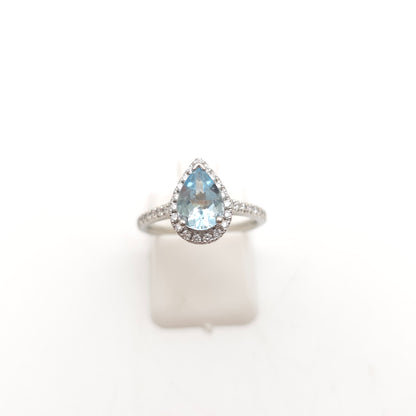 Platinum Pear Cut Aquamarine & Diamond Halo Cluster With Diamond Shoulders Ring