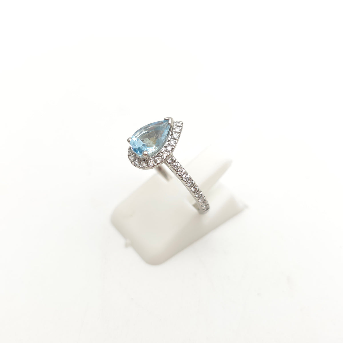 Platinum Pear Cut Aquamarine & Diamond Halo Cluster With Diamond Shoulders Ring