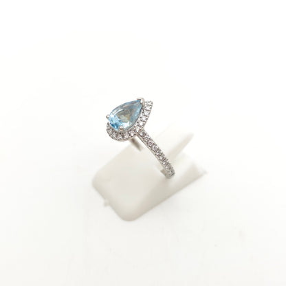 Platinum Pear Cut Aquamarine & Diamond Halo Cluster With Diamond Shoulders Ring