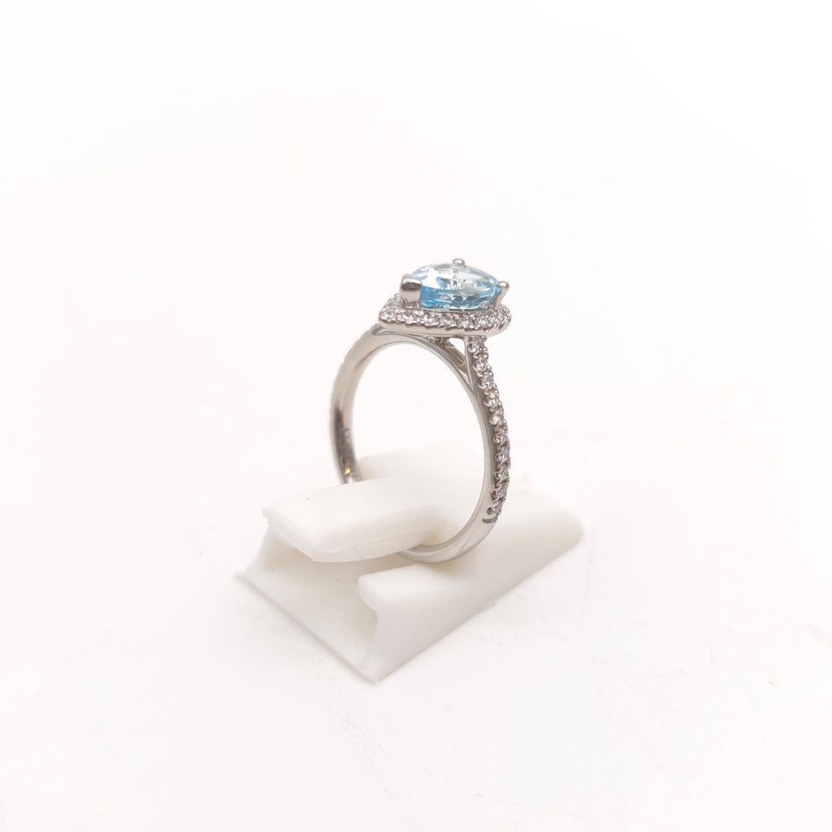 Platinum Pear Cut Aquamarine & Diamond Halo Cluster With Diamond Shoulders Ring