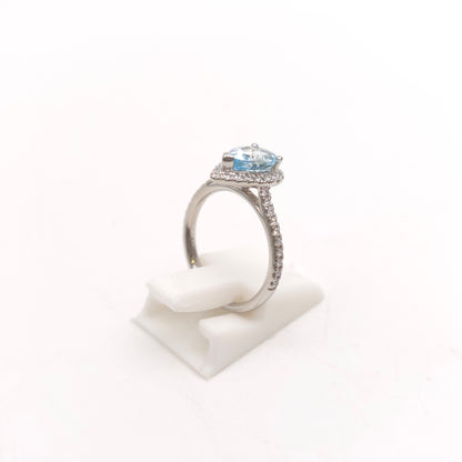 Platinum Pear Cut Aquamarine & Diamond Halo Cluster With Diamond Shoulders Ring