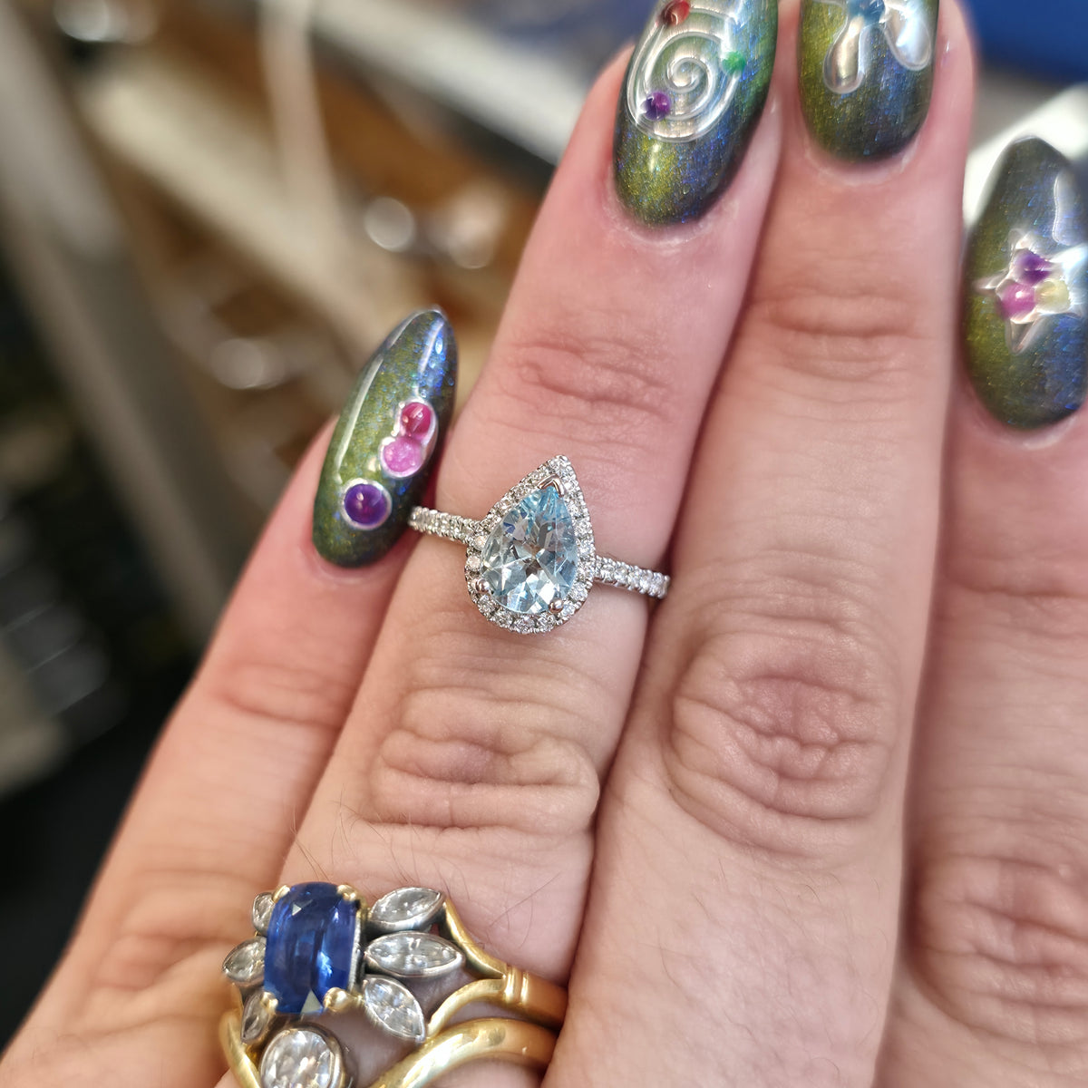 Platinum Pear Cut Aquamarine & Diamond Halo Cluster With Diamond Shoulders Ring