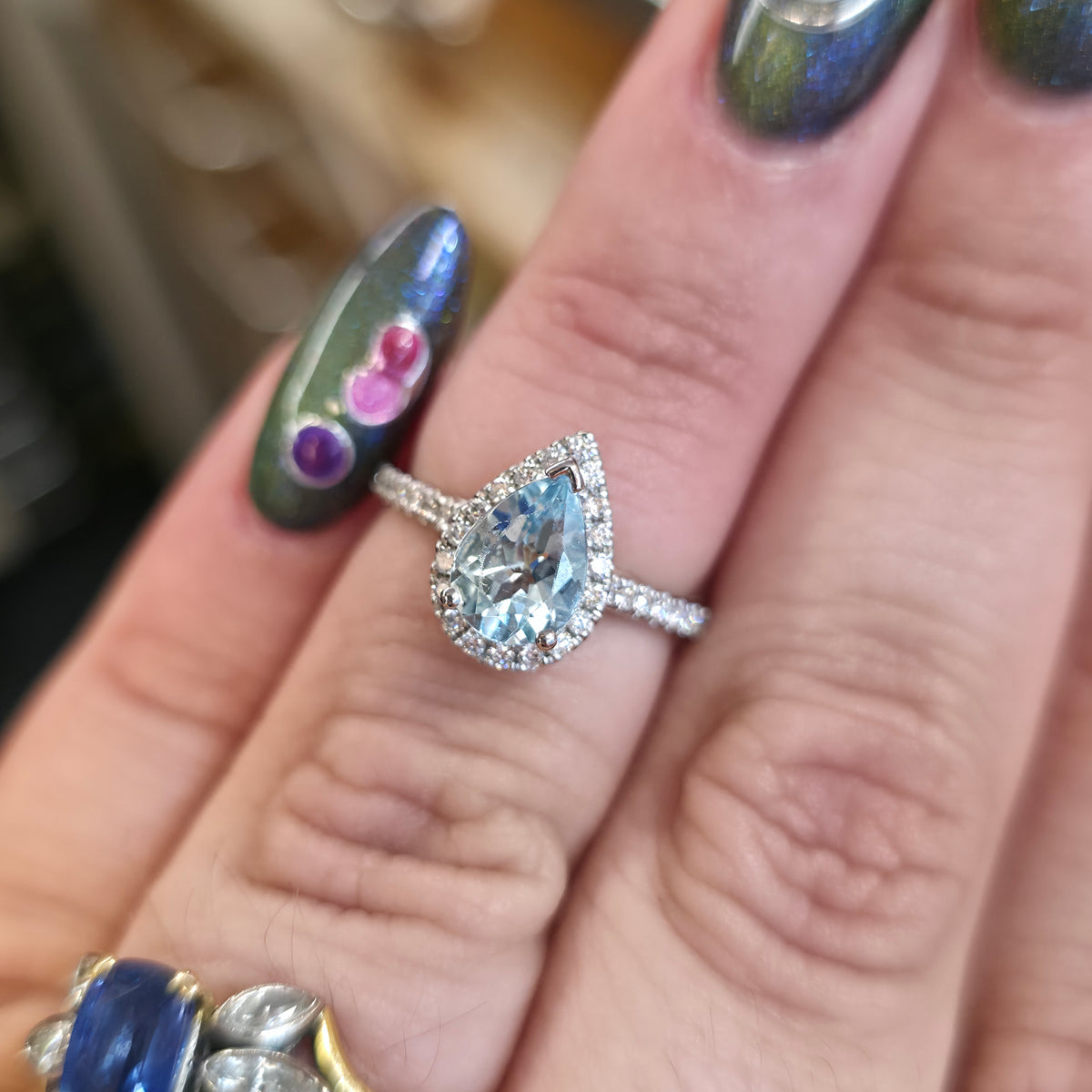 Platinum Pear Cut Aquamarine & Diamond Halo Cluster With Diamond Shoulders Ring