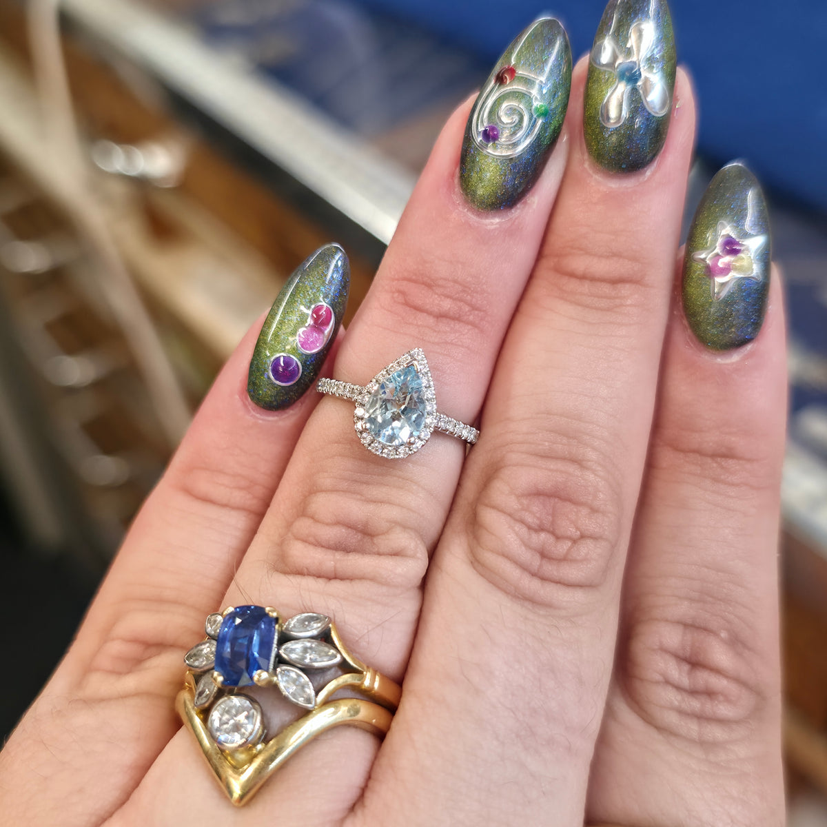 Platinum Pear Cut Aquamarine & Diamond Halo Cluster With Diamond Shoulders Ring