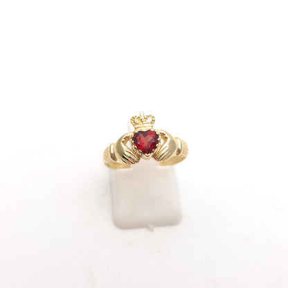 9ct Yellow Gold Heart Cut Garnet Claddagh Ring