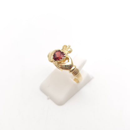 9ct Yellow Gold Heart Cut Garnet Claddagh Ring